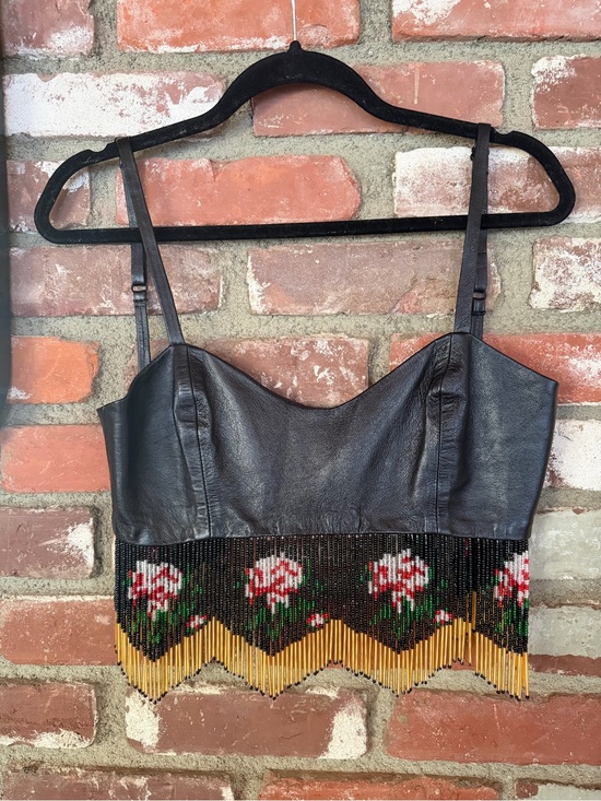 Vintage Tops - Vintage Black Leather Crop Top with Floral Beaded Fringe